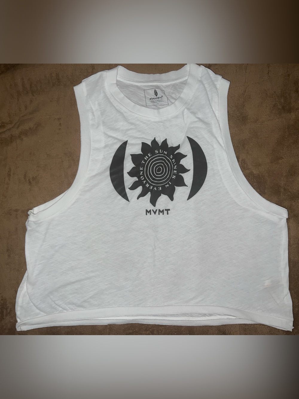 FP Movement by Free People White Cropped Tank with Black Sun Graphic Large